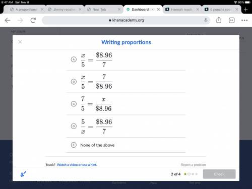 7

77 watermelons cost 
$
8.96
$8.96dollar sign, 8, point, 96.
Which equation would help determine