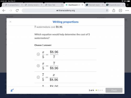 7

77 watermelons cost 
$
8.96
$8.96dollar sign, 8, point, 96.
Which equation would help determine