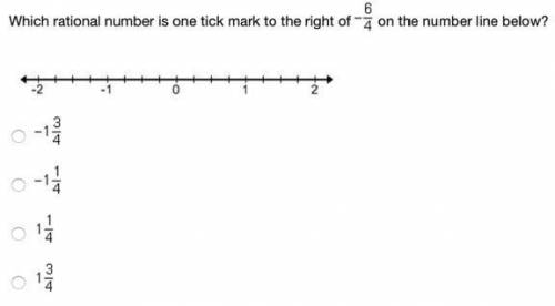 Which rational number is one tick mark to the right of Negative StartFraction 6 Over 4 EndFraction