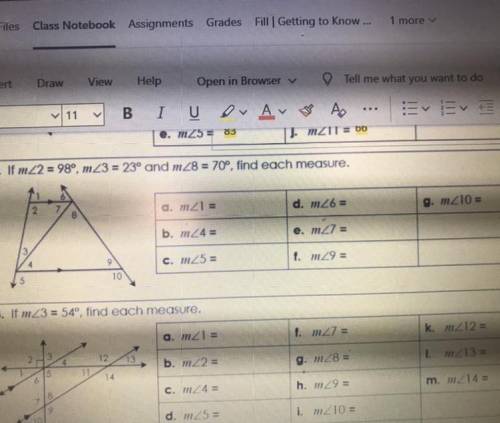 S. If m2 = 989 m23 = 23° and m28 = 70°, find each measure.

6
2
a. m2 =
d. m26 =
g. m2 10 =
8
b. m