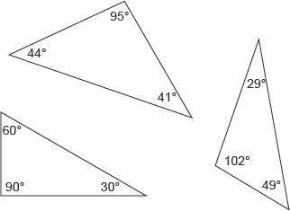 Pam draws three scalene triangles. In each figure, she measures each angle, as shown.

Which conje