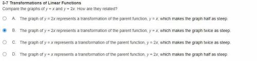 Compare the graphs of y = x and y = 2x. How are they related?