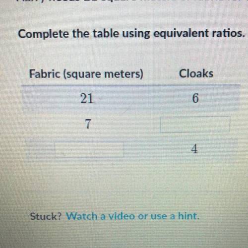 Complete the table using equivalent ratios.
21:6
7:__
__:4