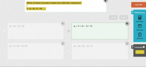 Which of these formulas models this arithmetic sequence?

4, 15, 26, 37, 48, . . .