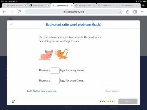 Use the following images to complete the sentences describing the ratio of legs to ears.