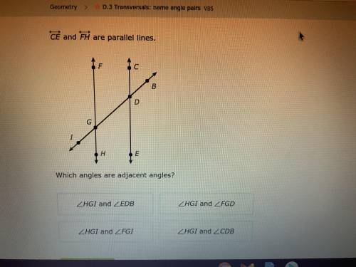 CE and FH are parallel lines. Which angles are adjacent angles? Please help :)