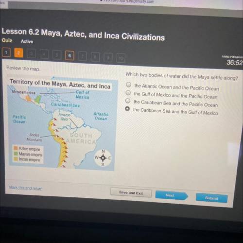 Review the map.

Which two bodies of water did the Maya settle along?
the Atlantic Ocean and the P