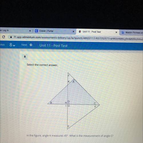 In the figure, angle K measures 45°. What is the measurement of angle C?

A.38°
B.45°
C.90°
D.98°