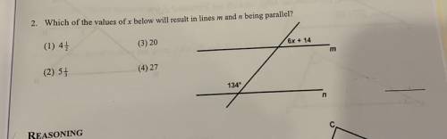 2. Which of the values of x below will result in lines m and n being parallel?

(1) 41
(3) 20
6x +