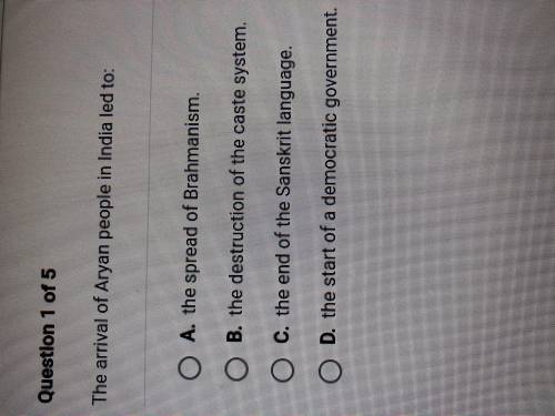 The arrival of Aryan people in India led to: A. The spread of Brahmanism.

B. The destruction of t