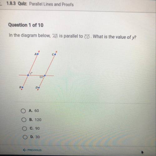 In the diagram below,AB<> is parallel to CD<>.What is the value of y?