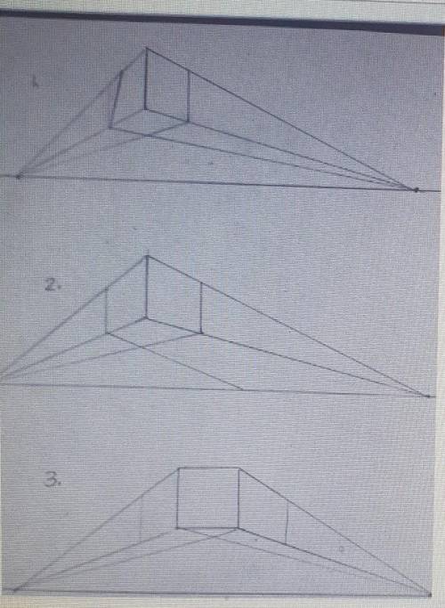 2 Points perspective

Describe what is wrong in each drawing 123