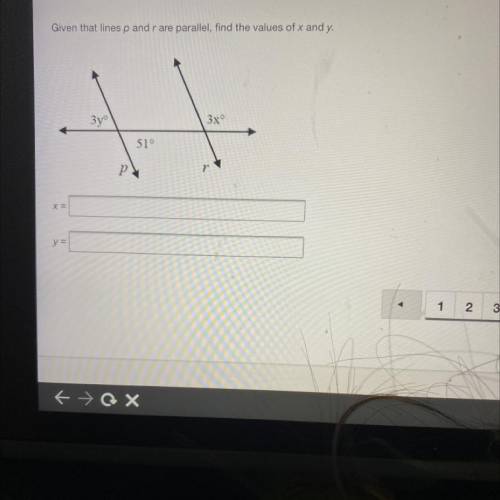 Given that lines P & R are parallel, find the values of x and y.