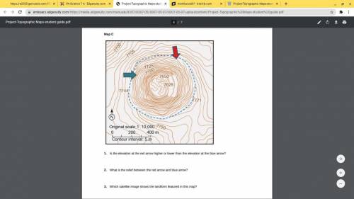 PLEASEEEEEEEEE Help

1. Is the elevation at the red arrow higher or lower than the elevation at th