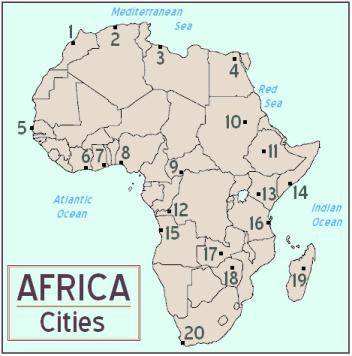 Which number on the map represents the city of Nairobi, the capital of Kenya?

A. 
13
B. 
9
C. 
1