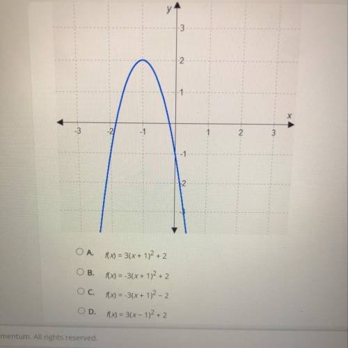 NEED HELP ASAP!!!

Which function does this graph represent?
A. F(x)= 3 (x+1)^2+2
B. F(x)= -3 (x+1