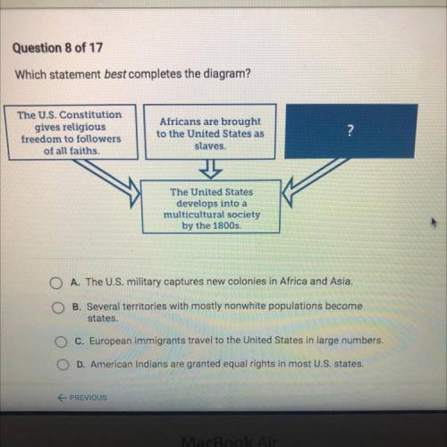 PLS HELP ASAP! Which statement best completes the diagram?

The U.S. Constitution
gives religious