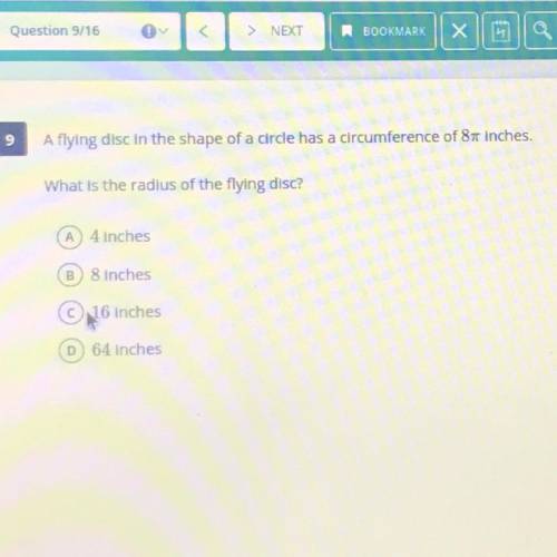 A flying disc in the shape of a circle has a circumference of 8 inches. What is the radius of the f