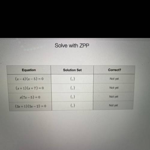 Solve with ZPP

Equation
Solution Set
Correct?
(x-4)(x - 5) = 0
{,}
Not yet
(x + 1)(x + 7) = 0
{:}