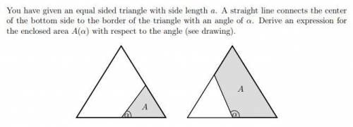 You have given an equal sided triangle with side length a. A straight line connects the center

of