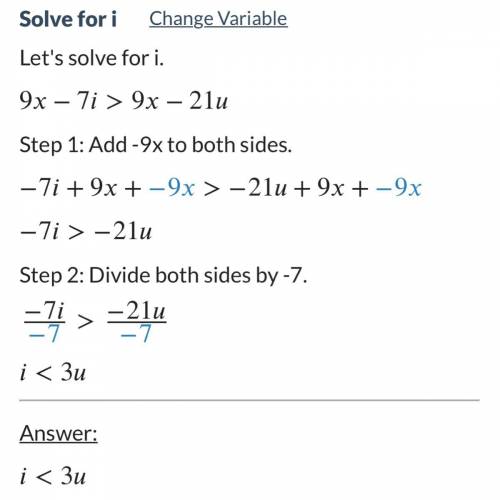 What is 9x - 7i > 9x - 21u