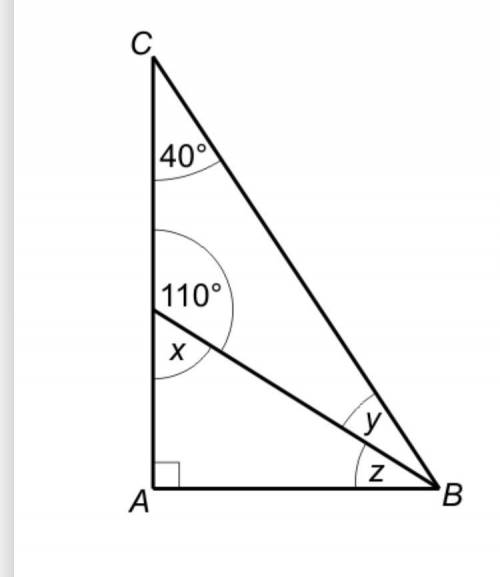 This diagram shows triangle abc work out the size of angles x y z