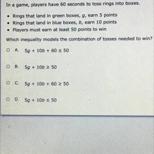 In a game, players have 60 seconds to toss rings into boxes.

• Rings that land in green boxes, g,