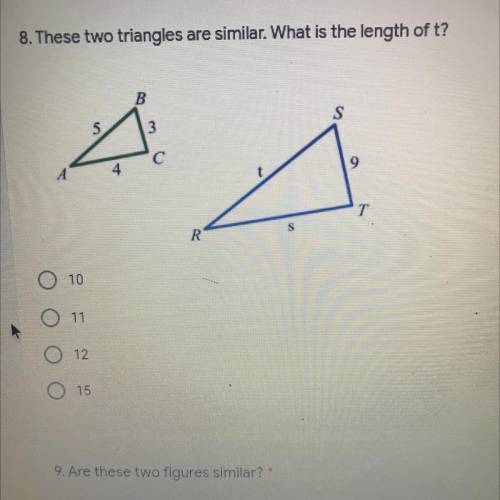 These two triangles are similar what is the length of t?