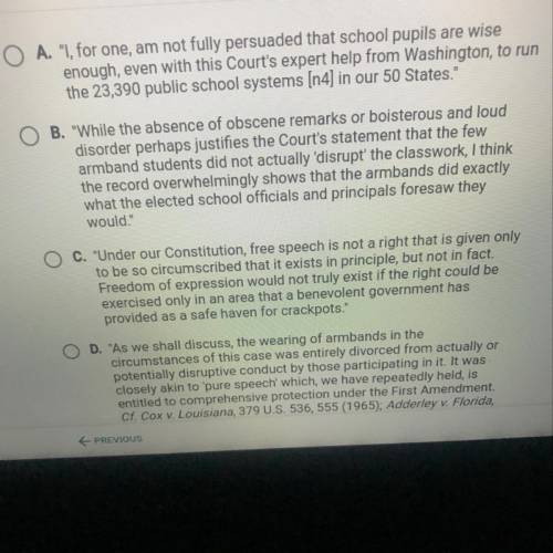 Which excerpt from Tinker V. Des Moines shows how precedent helps support an argument?