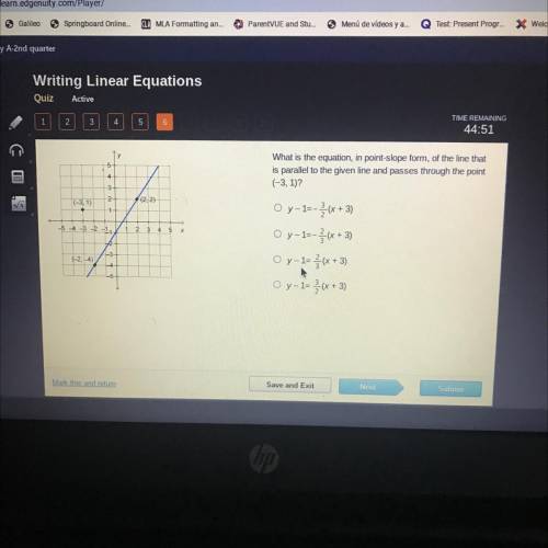 What is the equation, in point-slope form, of the line that

is parallel to the given line and pas