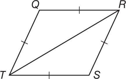 The rhombus QRST is made of two congruent isosceles triangles. Given m∠TQR=120, what is the measure
