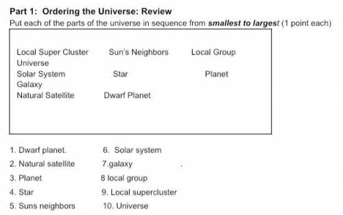 Space science: ordering the parts of space by size. Just need to check answers