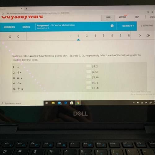 Position vectors u and v have terminal points of (4, -2) and (-6, -3), respectively. Match each of