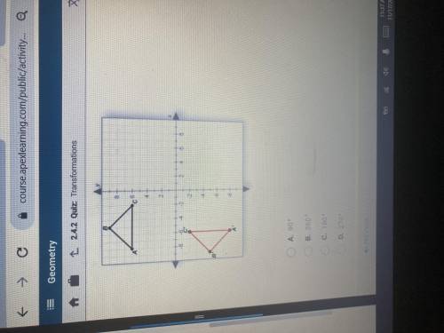 How many degrees has ABC been rotated counterclockwise about the origin