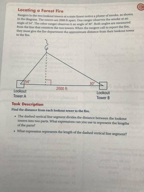 The dashed vertical line segment divides the distance between the lookout towers into two parts. Wh