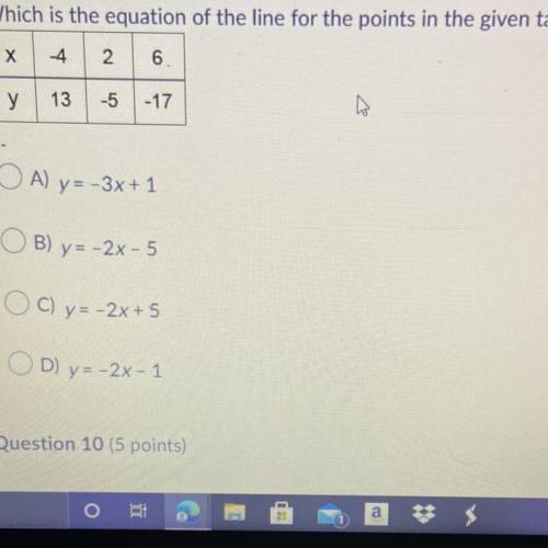 HELPPP 
which is the equation of the line for the points in the given table?