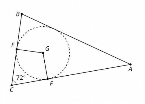 Triangle ABC is shown with its inscribed circle drawn. The measure of angle ECF is 72 degrees. What
