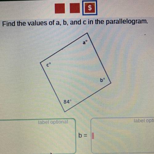 Find the values of a, b, and c in the parallelogram.