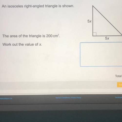 An isosceles right-angled triangle is shown.

The area of the triangle is 200 cm?.
Work out the va