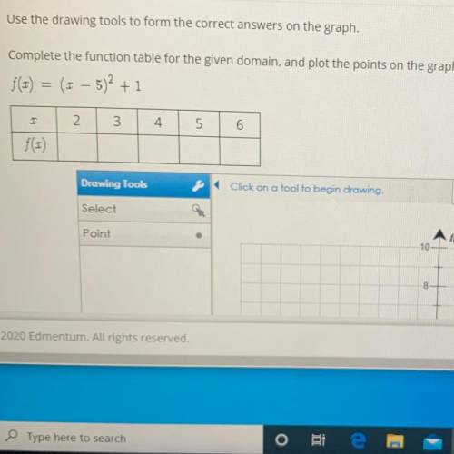 Complete the function table for the given domain, and plot the points on the graph.

f(x)=(x-5)^2+