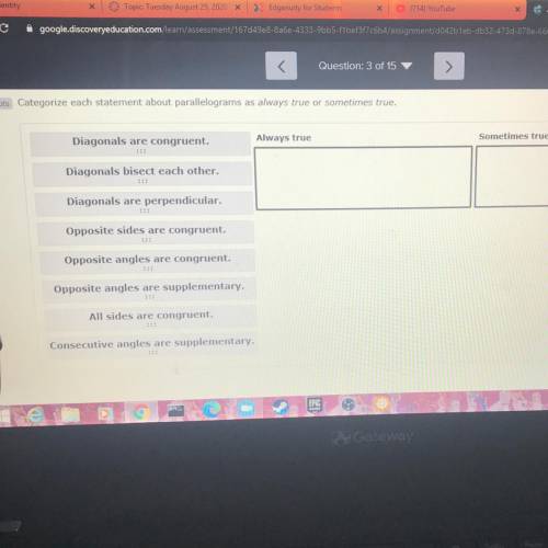 Categorize each statement about parallelograms as always true or something true.