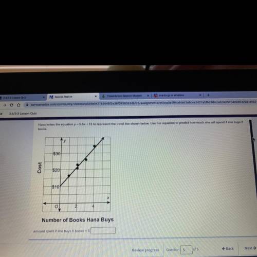 Hana writes the equation = 5.5 + 11 to represent the trend line shown below. Use her equation to pr