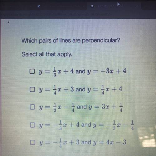 Please help me :( 
Which pairs of lines are perpendicular