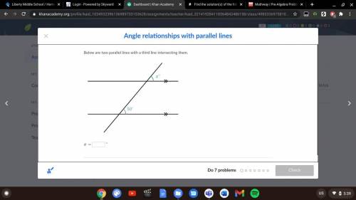 Below are two parallel lines with a third line intersecting them.

x =x=x, equals 
^\circ 
∘