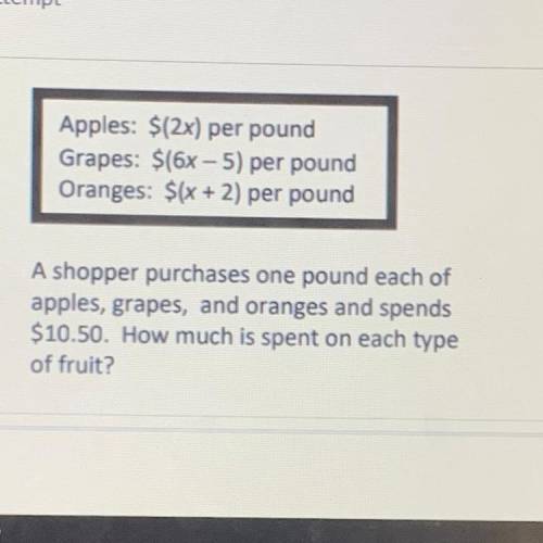 Apples: $(2x) per pound

Grapes: $(6x – 5) per pound
Oranges: $(x + 2) per pound
A shopper purchas