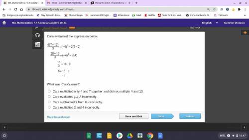 What was Cara’s error?

Cara multiplied only 4 and 7 together and did not multiply 4 and 13.
Cara