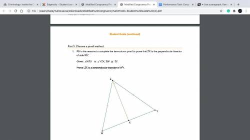 Fill in the reasons to complete the two-column proof to prove that ZX is the perpendicular bisector