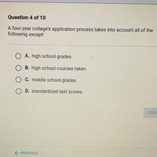 A four-year college’s application process takes into account all of the following except. HELP MEEE