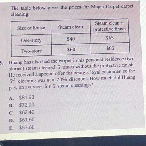 The table below gives the prices for Magic Carpet carpet

cleaning
Size of house
Steam clean
Steam