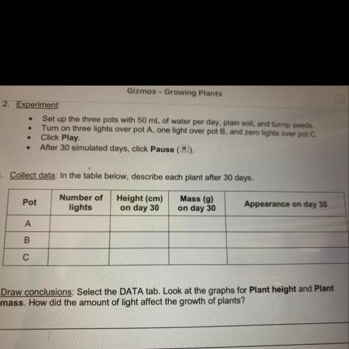 3. Collect data: In the table below, describe each plant after 30 days.

Mass (g)
Pot
Number of
li